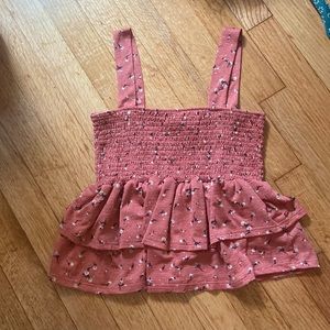 coral colored floral patterned, ruched tank